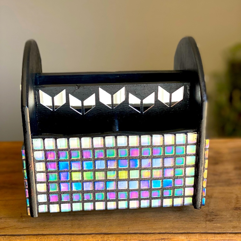 Desk Pencil, Pen, Scissor organizer. Hand made Mosaic Tile and Mirror